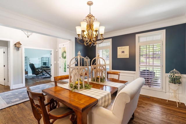 460 Armstrong Way, Evans, GA 30809 - dining area featuring a chandelier, wood finished floors, crown molding, a wainscoted wall, and a desk