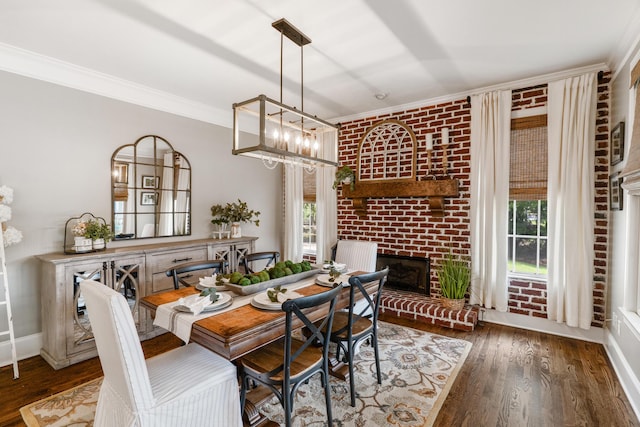 460 Armstrong Way, Evans, GA 30809 - dining space featuring crown molding, a fireplace, wood finished floors, and brick wall