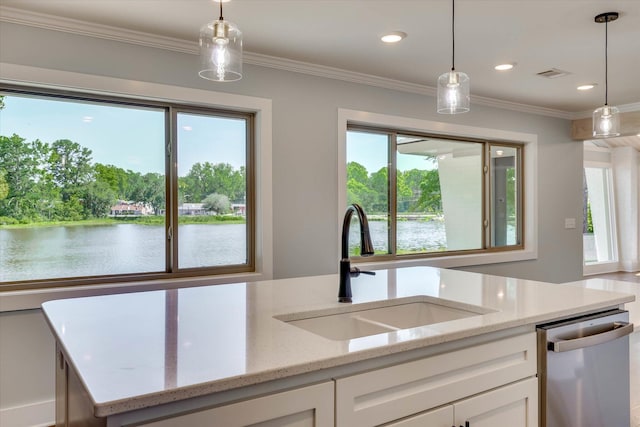 118 Lake Bluff Dr, Waynesboro, GA 30830 - kitchen with dishwasher, white cabinets, plenty of natural light, a water view, and ornamental molding