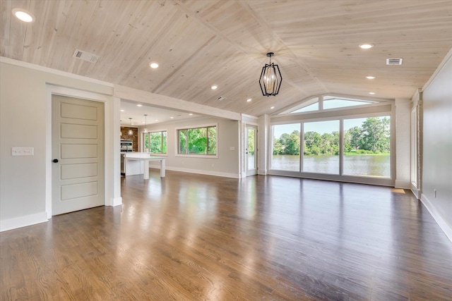 118 Lake Bluff Dr, Waynesboro, GA 30830 - unfurnished living room featuring vaulted ceiling, wood ceiling, recessed lighting, and dark wood-style floors