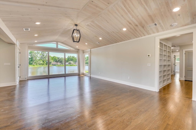 118 Lake Bluff Dr, Waynesboro, GA 30830 - empty room with built in shelves, wooden ceiling, vaulted ceiling, dark wood finished floors, and recessed lighting