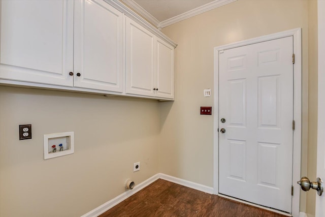 washroom featuring crown molding, cabinets, dark hardwood / wood-style flooring, and electric dryer hookup