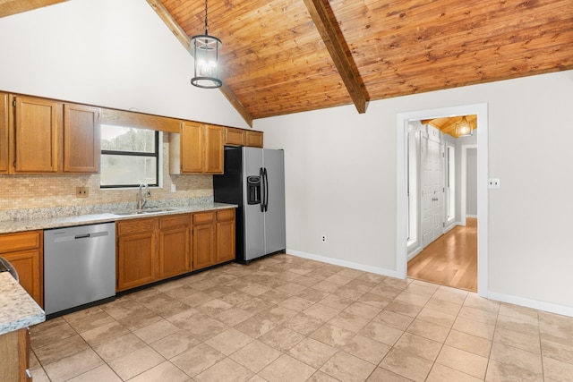 354 Rice Ct, Martinez, GA 30907 - kitchen featuring stainless steel appliances, wood ceiling, backsplash, brown cabinetry, and decorative light fixtures