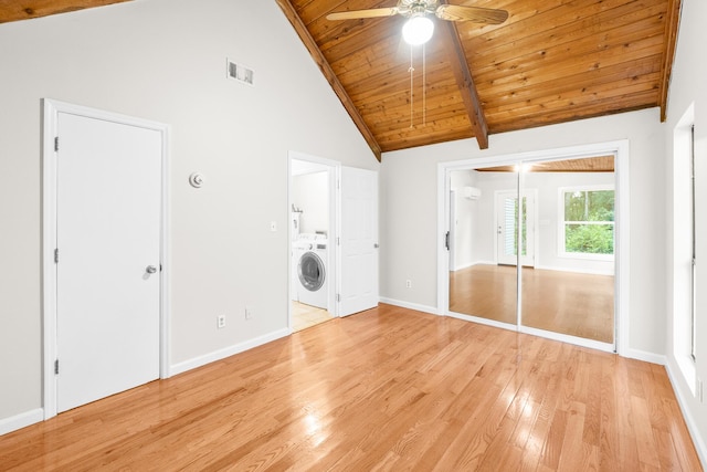 354 Rice Ct, Martinez, GA 30907 - unfurnished room with washer / clothes dryer, a wood ceiling with exposed beams, a ceiling fan, light wood-style flooring, and high vaulted ceiling