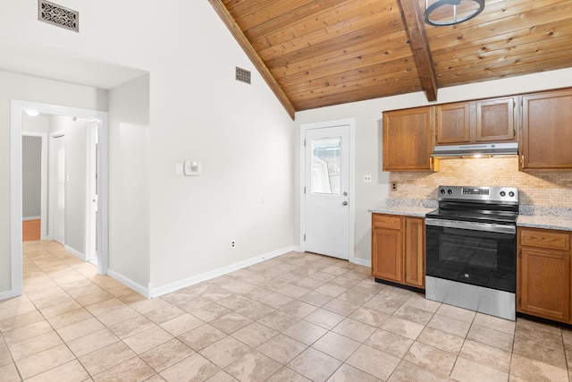 354 Rice Ct, Martinez, GA 30907 - kitchen featuring stainless steel electric stove, wooden ceiling, under cabinet range hood, tasteful backsplash, and light tile patterned floors