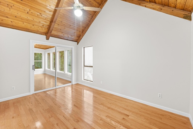 354 Rice Ct, Martinez, GA 30907 - unfurnished room featuring a wooden ceiling with exposed beams, light wood-style flooring, a ceiling fan, and high vaulted ceiling