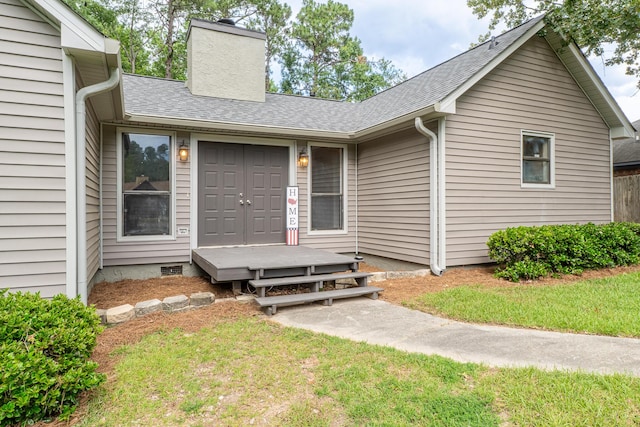 354 Rice Ct, Martinez, GA 30907 - entrance to property featuring a chimney, roof with shingles, and a yard