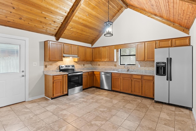 354 Rice Ct, Martinez, GA 30907 - kitchen featuring appliances with stainless steel finishes, under cabinet range hood, a wooden ceiling with exposed beams, light countertops, and backsplash