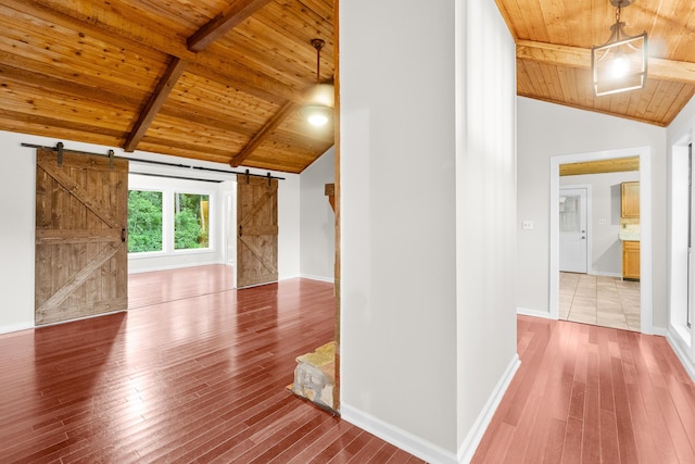354 Rice Ct, Martinez, GA 30907 - corridor featuring a wood ceiling with exposed beams, a barn door, hardwood / wood-style floors, and high vaulted ceiling