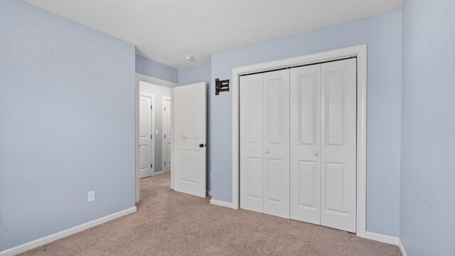 unfurnished bedroom featuring light colored carpet and a closet