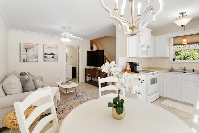 3503 Preston Trl, Martinez, GA 30907 - dining space with ornamental molding, stairs, ceiling fan with notable chandelier, and light tile patterned flooring