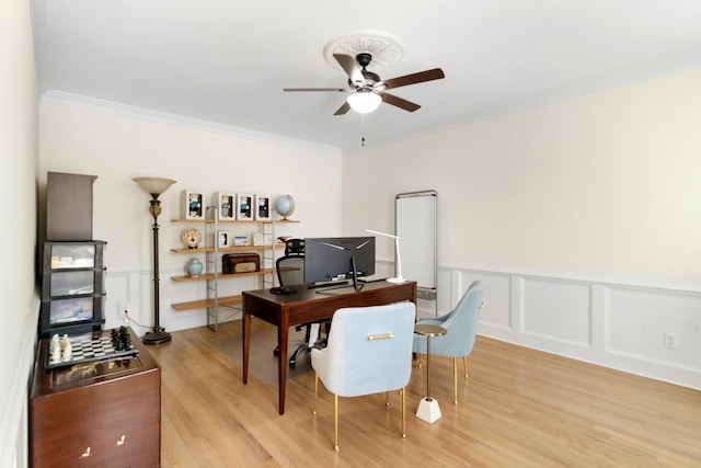 3503 Preston Trl, Martinez, GA 30907 - office space featuring ornamental molding, a decorative wall, light wood-style floors, ceiling fan, and a wainscoted wall