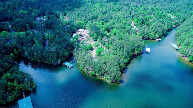 aerial view featuring a water view and a wooded view