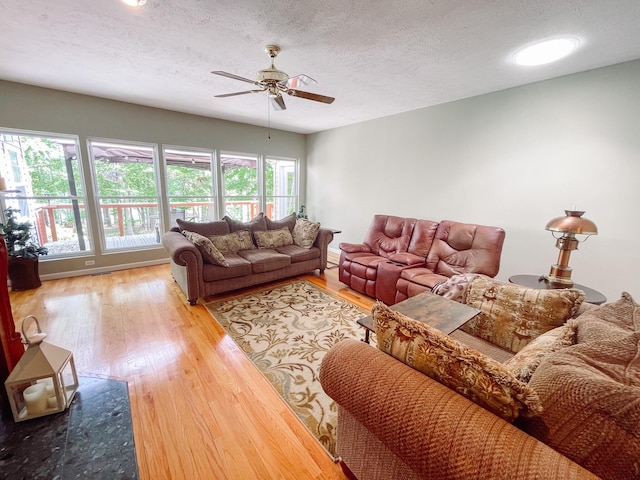 living room featuring a ceiling fan, wood finished floors, and a textured ceiling