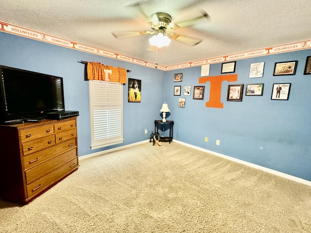 interior space with carpet flooring, ceiling fan, and a textured ceiling