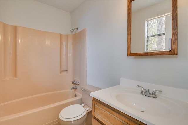 full bath featuring toilet, tub / shower combination, and vanity