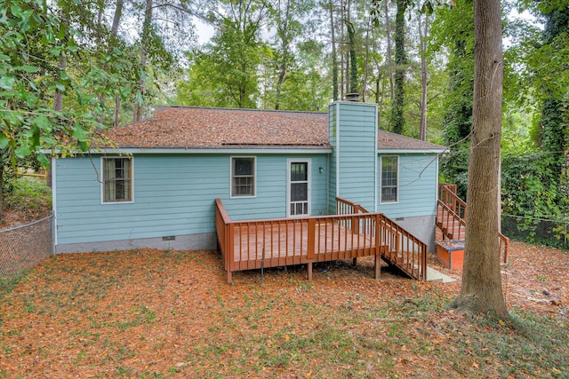 1185 Norman St, North Augusta, SC 29841 - rear view of house with crawl space, a deck, a chimney, and stairway