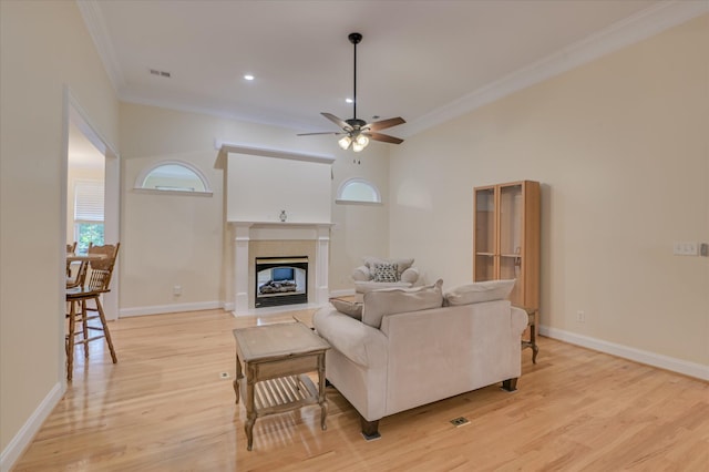972 Woody Hill Cir, Evans, GA 30809 - living room with ornamental molding, light wood-type flooring, a ceiling fan, a glass covered fireplace, and baseboards