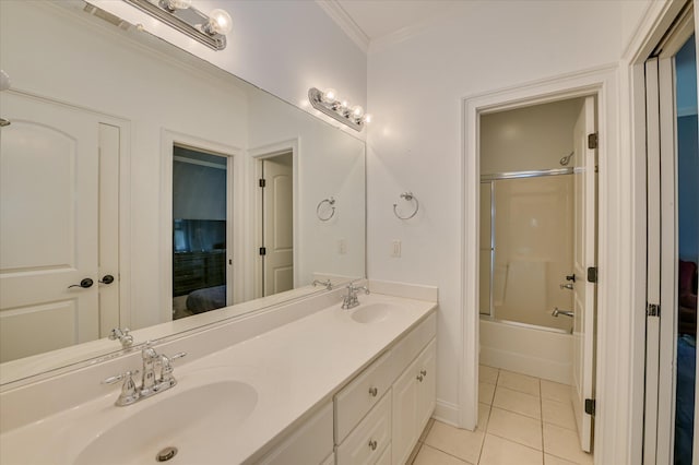 972 Woody Hill Cir, Evans, GA 30809 - bathroom with connected bathroom, tile patterned floors, double vanity, crown molding, and shower / bathtub combination