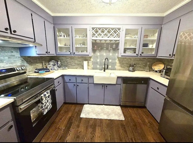 kitchen with stainless steel appliances, ornamental molding, under cabinet range hood, and a sink