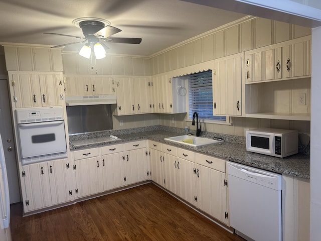 410 Johns Rd, Thomson, GA 30824 - kitchen featuring white appliances, a sink, under cabinet range hood, a ceiling fan, and dark wood finished floors