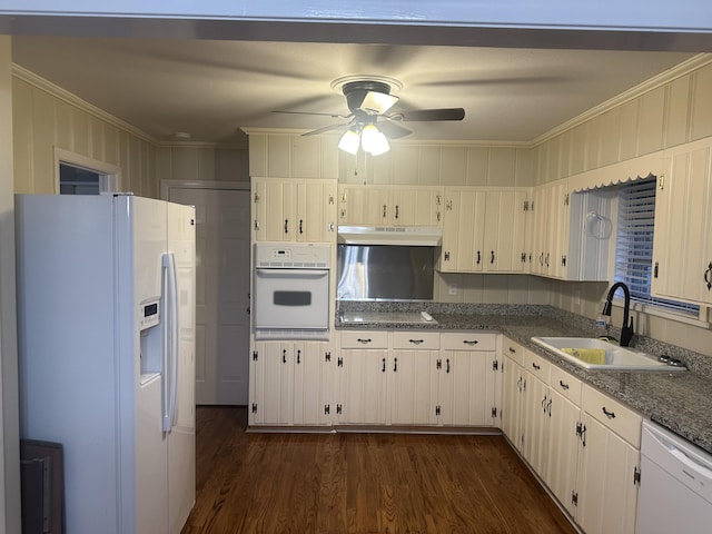 410 Johns Rd, Thomson, GA 30824 - kitchen with white appliances, a sink, under cabinet range hood, a ceiling fan, and ornamental molding