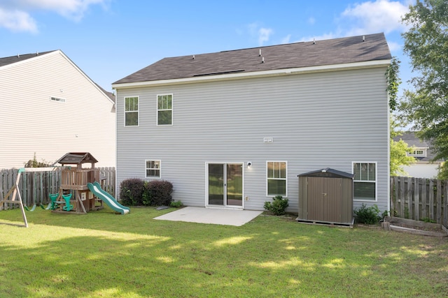 501 Cranberry Cir, Grovetown, GA 30813 - rear view of property featuring a shed, a patio area, a playground, and a fenced backyard