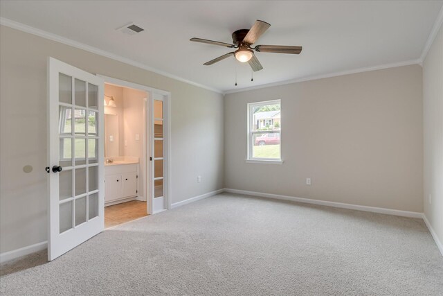 2669 Corning St, Hephzibah, GA 30815 - unfurnished room featuring ornamental molding, light colored carpet, baseboards, french doors, and a ceiling fan