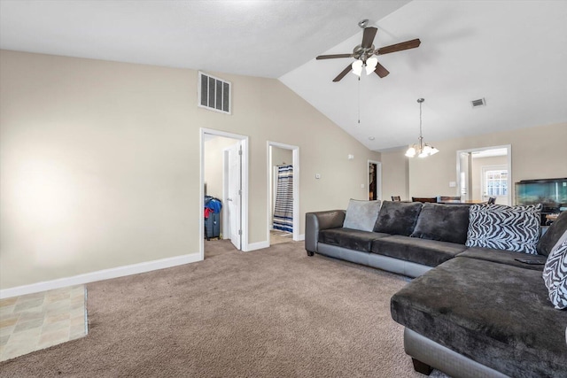 607 Beretta Dr, Grovetown, GA 30813 - living room featuring ceiling fan, a chandelier, carpet flooring, and high vaulted ceiling