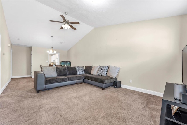 607 Beretta Dr, Grovetown, GA 30813 - carpeted living area with a ceiling fan, lofted ceiling, and a chandelier
