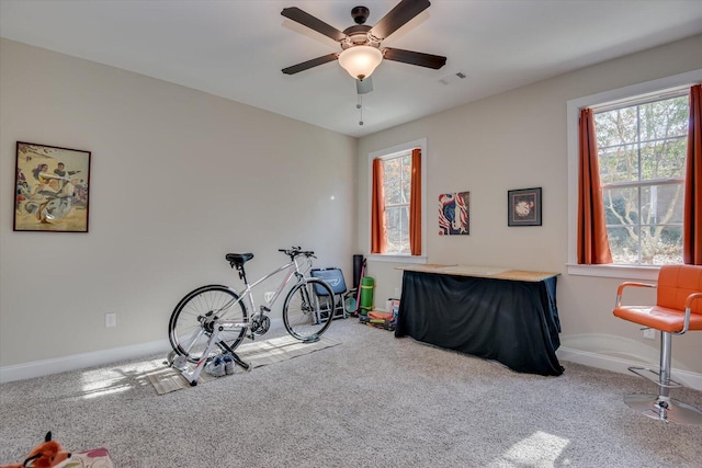 interior space featuring ceiling fan and carpet floors