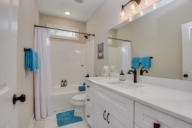 full bathroom featuring vanity, toilet, and shower / bathtub combination with curtain