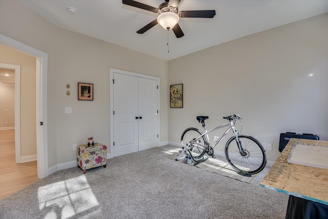 miscellaneous room featuring carpet flooring and ceiling fan