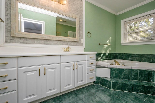 full bathroom with ornamental molding, vanity, and a bath