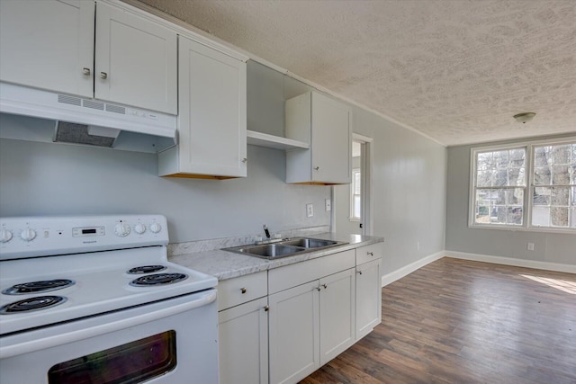 kitchen featuring a textured ceiling, white cabinets, white electric range, dark hardwood / wood-style flooring, and sink