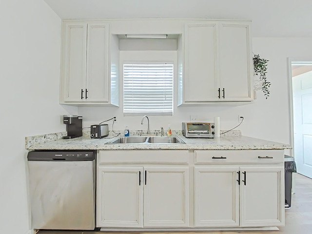 15 Whitney Ct, Augusta, GA 30904 - kitchen with stainless steel dishwasher, a sink, white cabinetry, and light stone counters