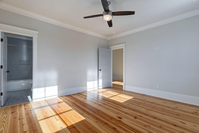 unfurnished room with ceiling fan, light hardwood / wood-style flooring, and ornamental molding