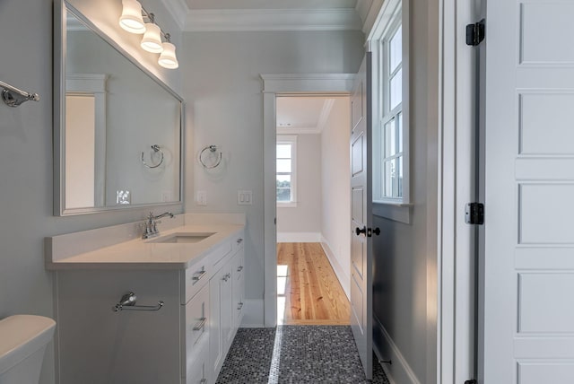 bathroom featuring vanity, toilet, and crown molding