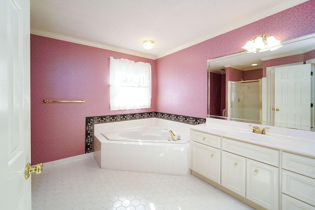 bathroom featuring independent shower and bath, crown molding, tile patterned flooring, and vanity