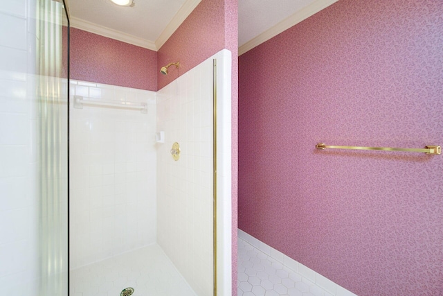 bathroom with an enclosed shower, tile patterned flooring, and ornamental molding