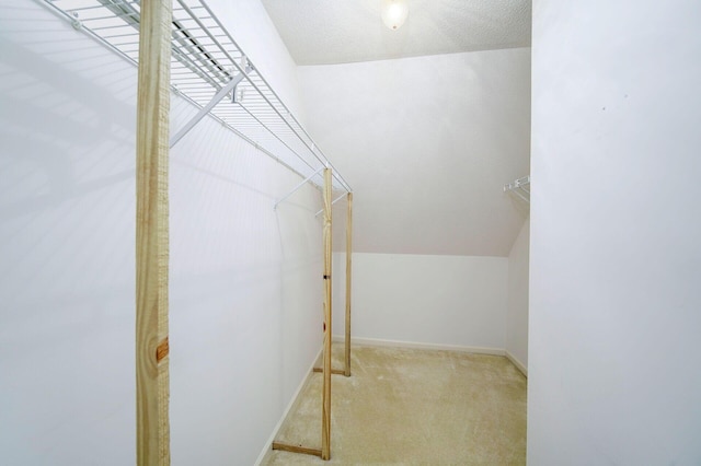 spacious closet featuring light colored carpet and vaulted ceiling