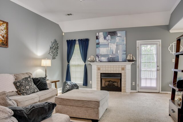 4538 Country Glen Cir, Grovetown, GA 30813 - living room with vaulted ceiling, a tile fireplace, carpet flooring, and baseboards