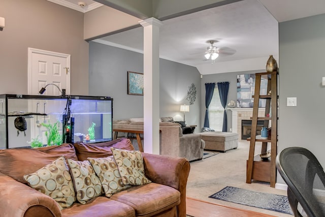 4538 Country Glen Cir, Grovetown, GA 30813 - carpeted living area with ornamental molding, a ceiling fan, ornate columns, and a tile fireplace