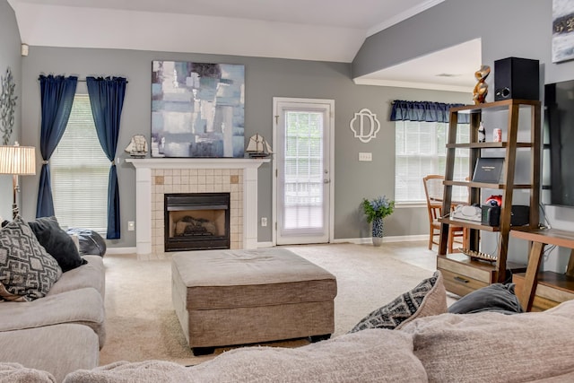 4538 Country Glen Cir, Grovetown, GA 30813 - living area with carpet, baseboards, crown molding, a fireplace, and vaulted ceiling