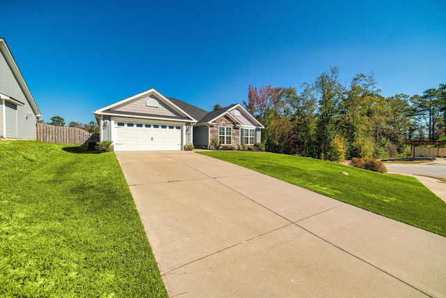 single story home with a front lawn and a garage