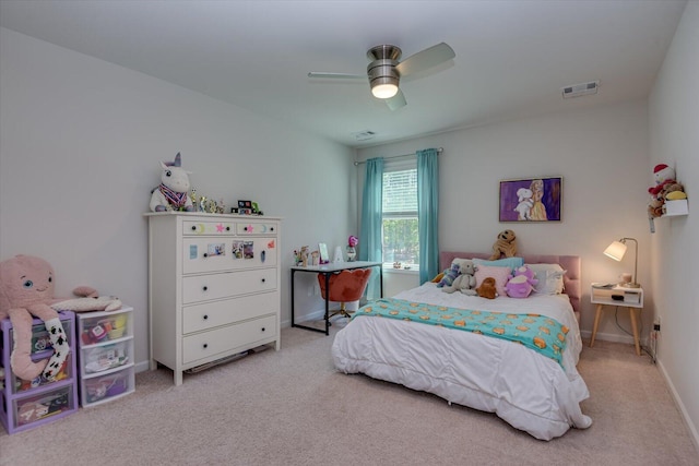 bedroom featuring baseboards, visible vents, ceiling fan, and carpet floors