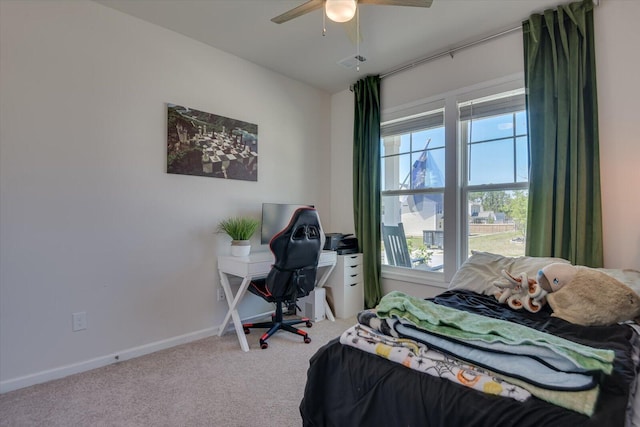bedroom with multiple windows, visible vents, baseboards, and carpet floors