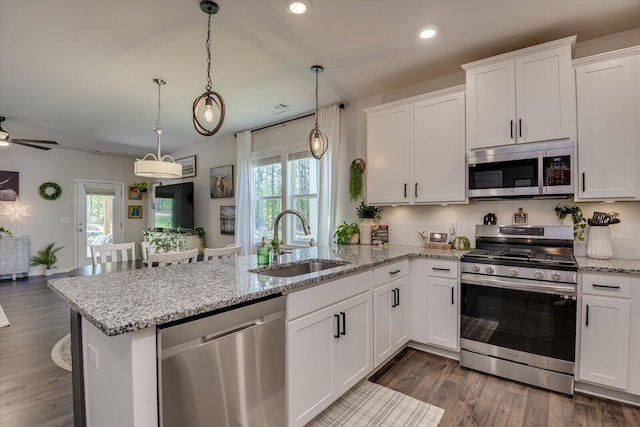 kitchen featuring a wealth of natural light, a peninsula, appliances with stainless steel finishes, and a sink