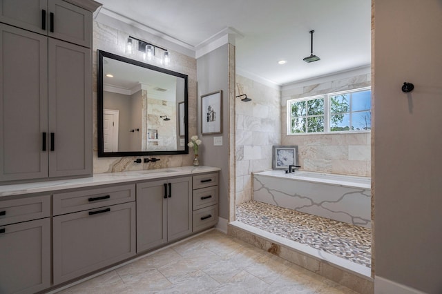 188 Lagoon Dr, Clarks Hill, SC 29821 - full bathroom with crown molding, tiled shower, vanity, and a tub with marble appearance