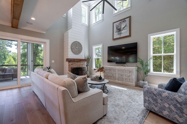 188 Lagoon Dr, Clarks Hill, SC 29821 - living area featuring wood finished floors, plenty of natural light, a towering ceiling, a fireplace, and recessed lighting